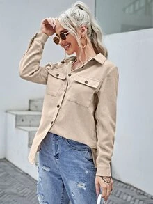 SHEIN LUNE Pocket Front Cord Blouse - Apricot - View 3