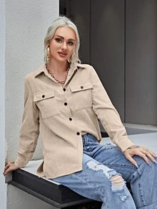 SHEIN LUNE Pocket Front Cord Blouse - Apricot - View 5