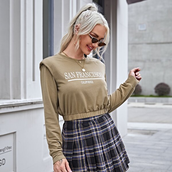 

Shoulder Padded Letter Graphic Pullover, Khaki