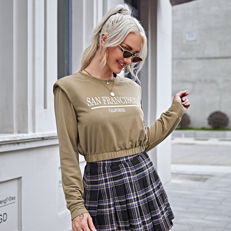 

Shoulder Padded Letter Graphic Pullover, Khaki