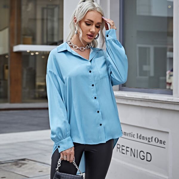 

Drop Shoulder High-low Hem Solid Blouse, Baby blue