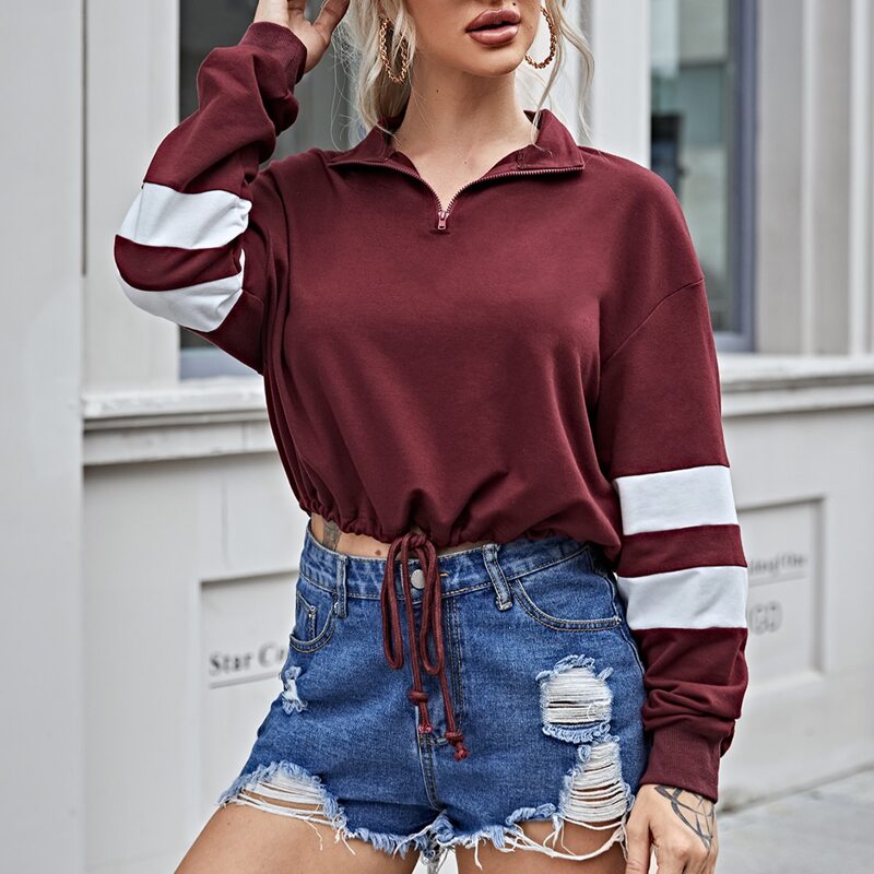 

Zip Half Placket Drawstring Hem Pullover, Maroon