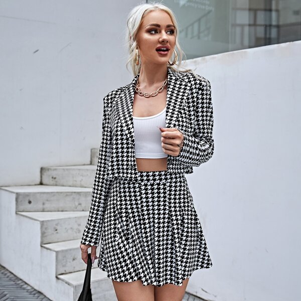 

Notched Collar Houndstooth Blazer & Skater Skirt Set, Black and white