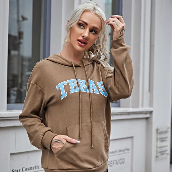 

Pouch Pocket Letter Graphic Hoodie, Mocha brown