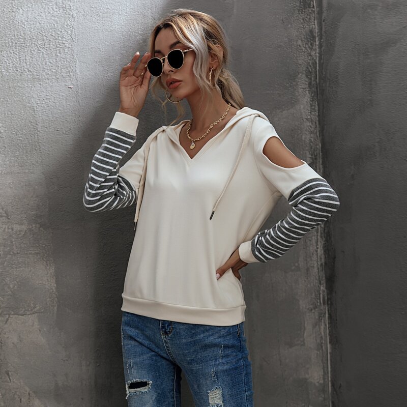 

Striped Print Cut Out Drawstring Hoodie, Beige