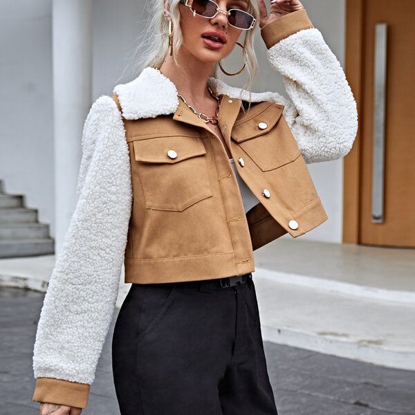 

Teddy Panel Flap Pocket Crop Denim Jacket, Khaki
