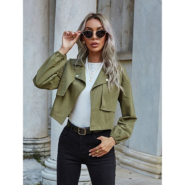 

Lapel Neck Drop Shoulder Crop Jacket, Army green