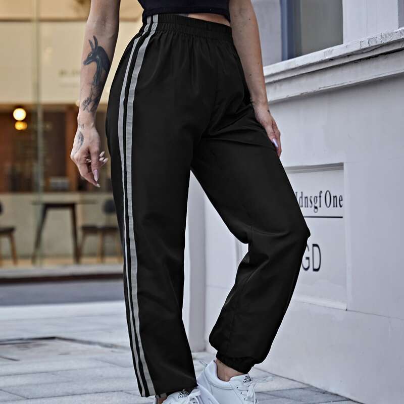 

Elastic Waist Reflective Striped Side Wind Joggers, Black