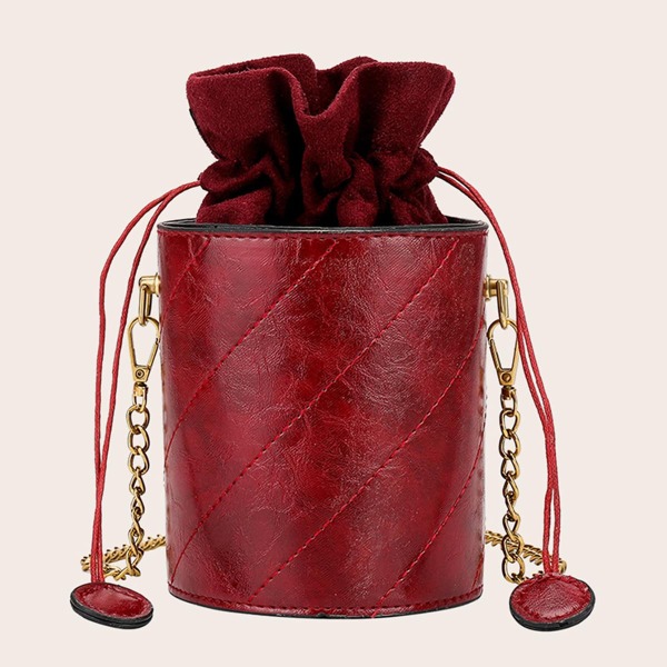 

Mini Stitch Detail Drawstring Decor Bucket Bag, Red