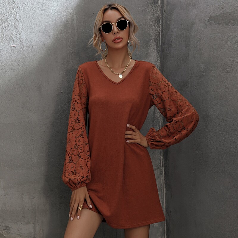 

Contrast Lace Bishop Sleeve Tee Dress, Rust brown
