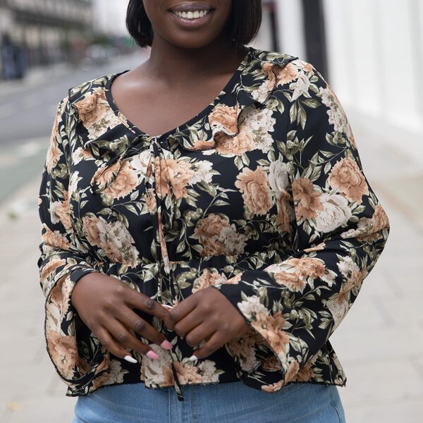 

Plus V-neck Floral Print Peplum Blouse, Multicolor