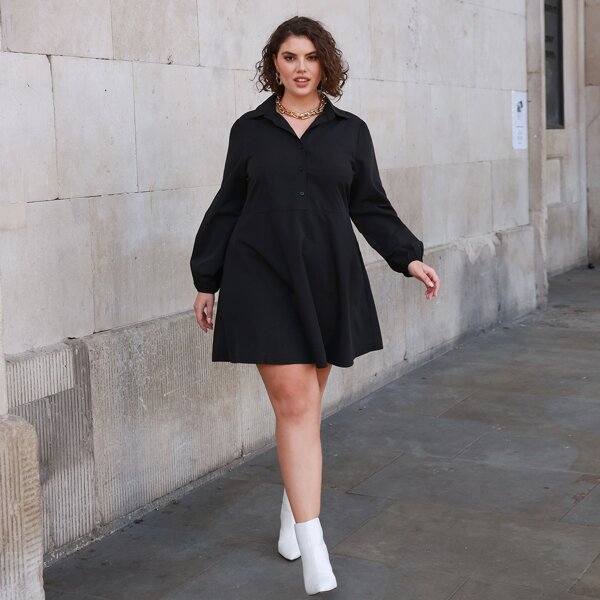 

Plus Bishop Sleeve Half Button Shirt Dress, Black