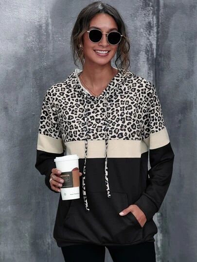 EMERY ROSE Kangaroo Pocket Leopard Print Color Block Hoodie,Long Sleeve Tops