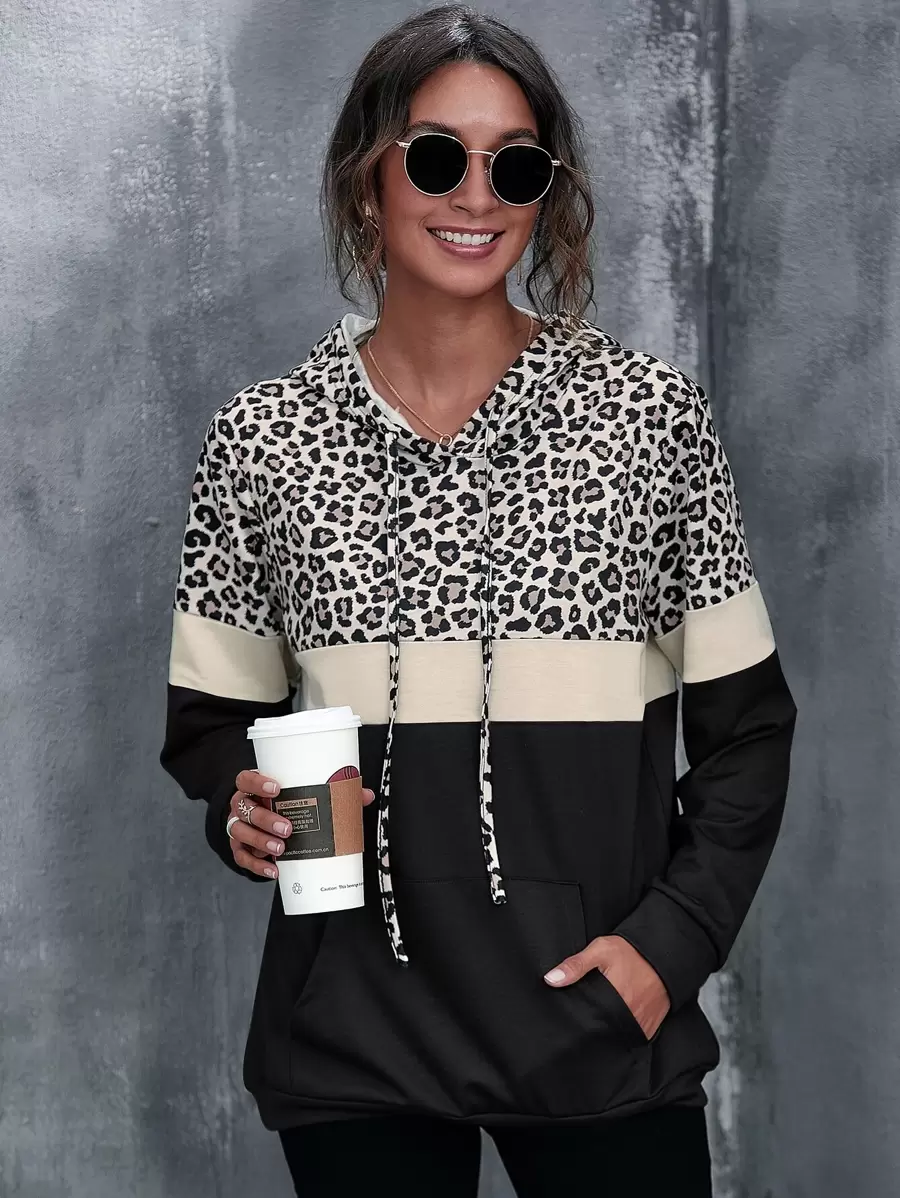 EMERY ROSE Kangaroo Pocket Leopard Print Color Block Hoodie,Long Sleeve Tops - Multicolor - View 1