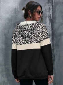 EMERY ROSE Kangaroo Pocket Leopard Print Color Block Hoodie,Long Sleeve Tops - Multicolor - View 2