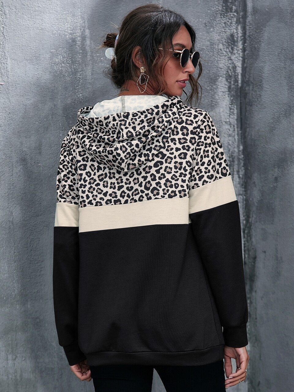 Kangaroo Pocket Leopard Print Color Block Hoodie,Long Sleeve Tops