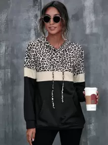 EMERY ROSE Kangaroo Pocket Leopard Print Color Block Hoodie,Long Sleeve Tops - Multicolor - View 4