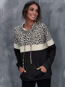 EMERY ROSE Kangaroo Pocket Leopard Print Color Block Hoodie,Long Sleeve Tops - Multicolor - View 5