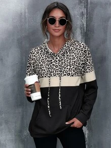 EMERY ROSE Kangaroo Pocket Leopard Print Color Block Hoodie,Long Sleeve Tops - Multicolor - View 6