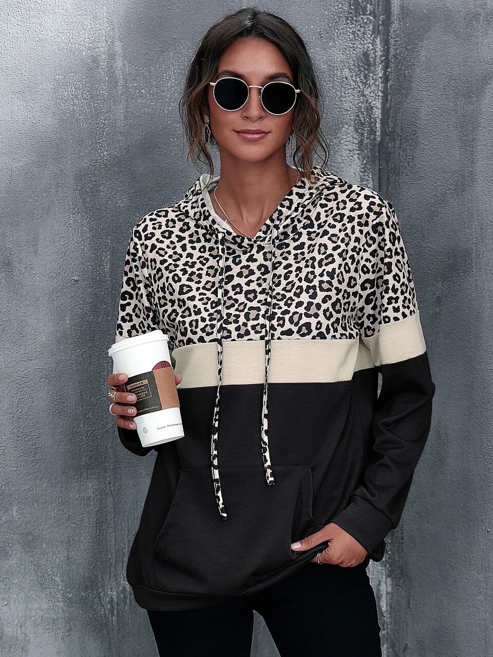Kangaroo Pocket Leopard Print Color Block Hoodie,Long Sleeve Tops
