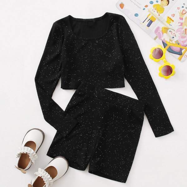 

Girls Rib-knit Glitter Top & Biker Shorts Set, Black