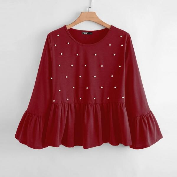 

Plus Pearls Front Ruffle Hem Top, Burgundy