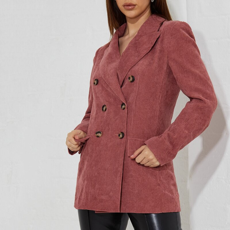 

Notched Collar Double Breasted Cord Blazer, Redwood