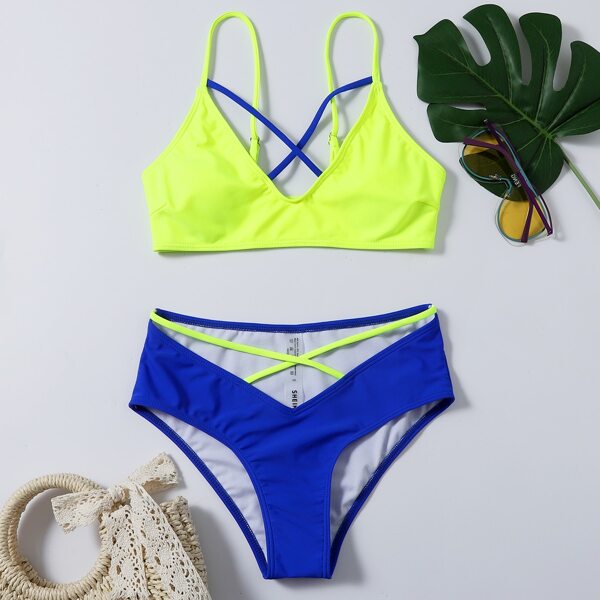 

Color Block Crisscross Bikini Swimsuit, Multicolor