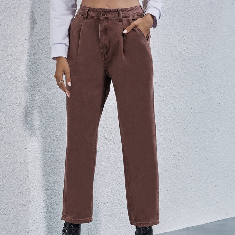 

Slant Pocket Solid Straight Leg Jeans, Chocolate brown