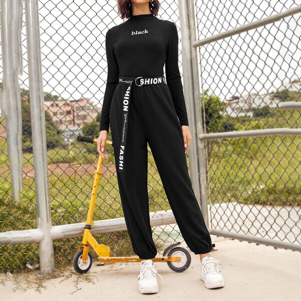 

Letter Graphic Tee and Self D-ring Belted Joggers Set, Black
