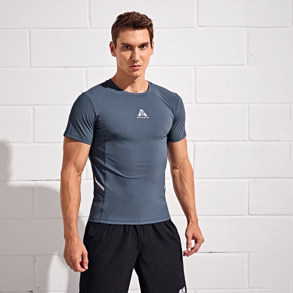 

Men Letter Graphic Crew Neck Sports Tee, Dusty blue
