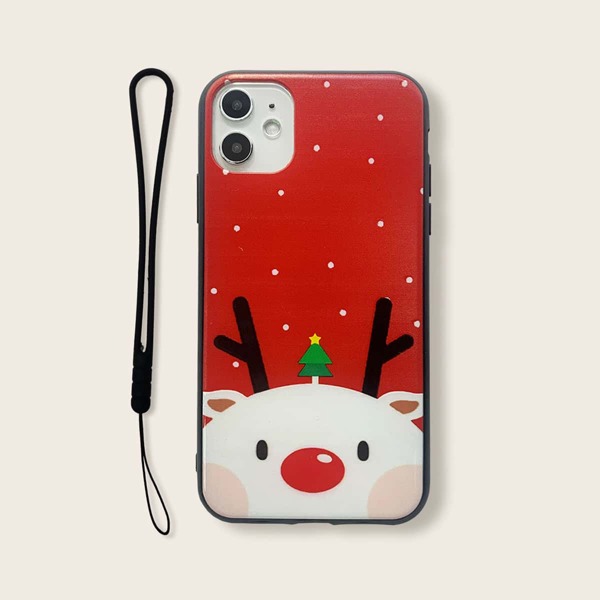 

Christmas Cartoon Graphic iPhone Case With Lanyard, Red