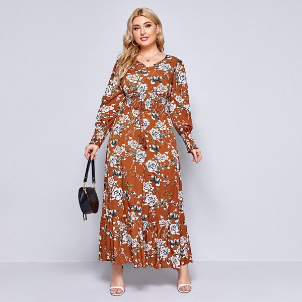 

Plus Shirred Waist Flounce Hem Floral Print Maxi Dress, Multicolor