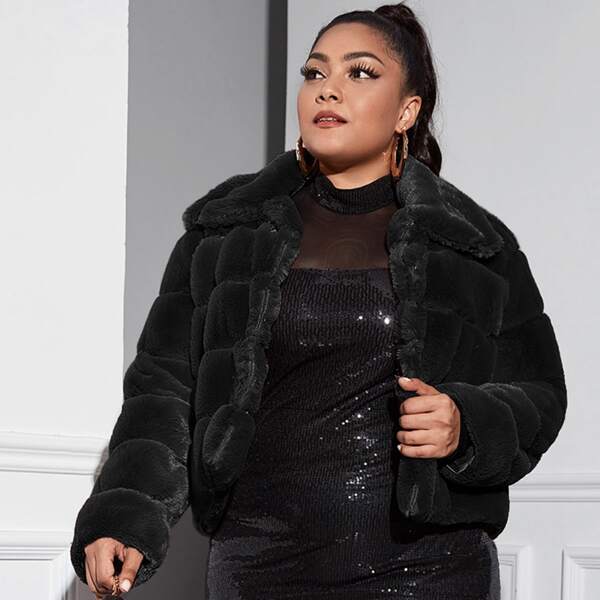 

Plus Open Front Faux Fur Coat, Black