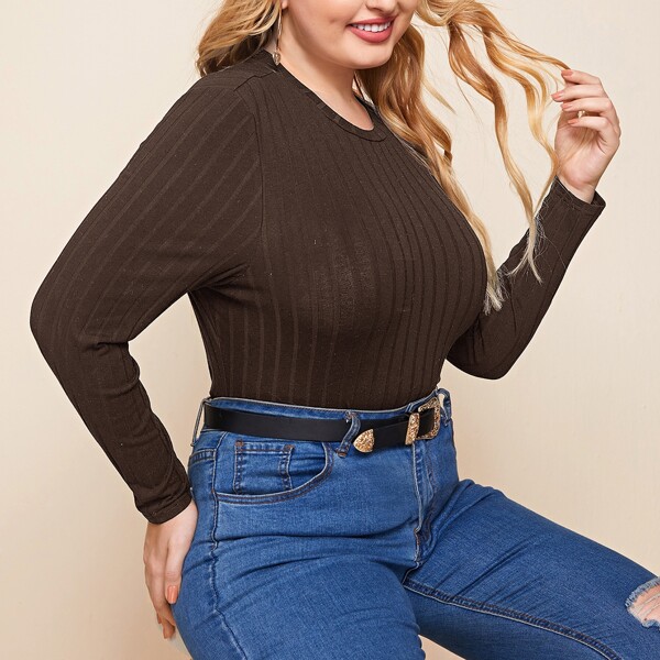 

Plus Solid Rib-knit Slim Tee, Chocolate brown