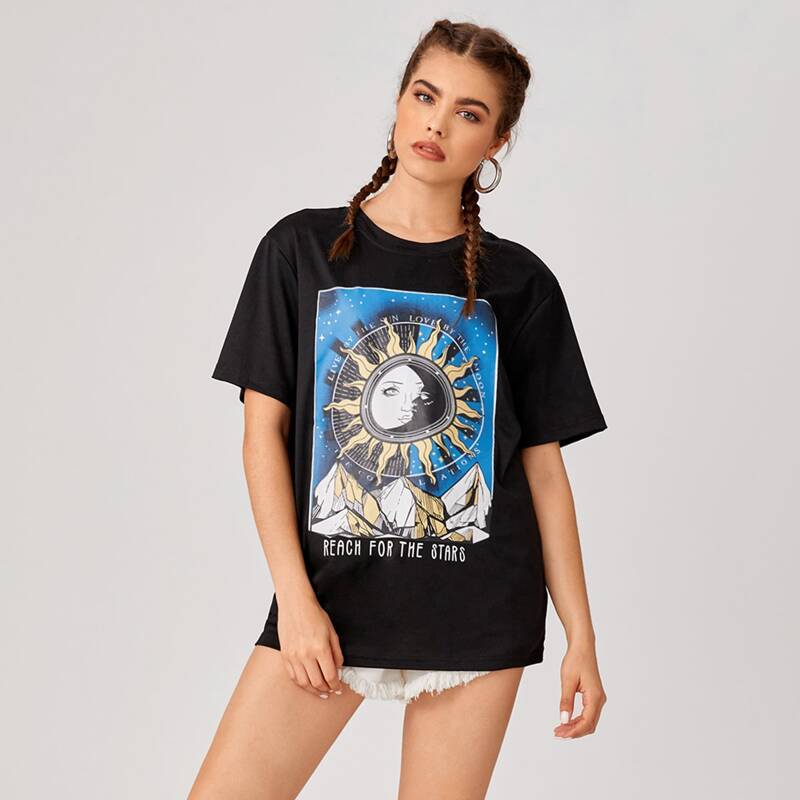 

Sun & Slogan Graphic Oversized Tee, Black