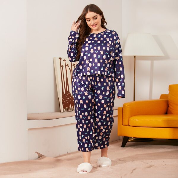 

Plus Christmas Print Tee & Pants Pajama Set, Navy blue