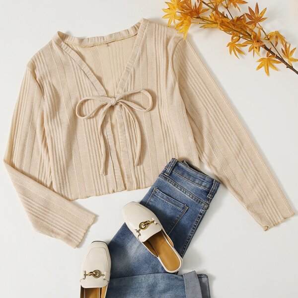 

Plus Solid Tie Front Top, Beige