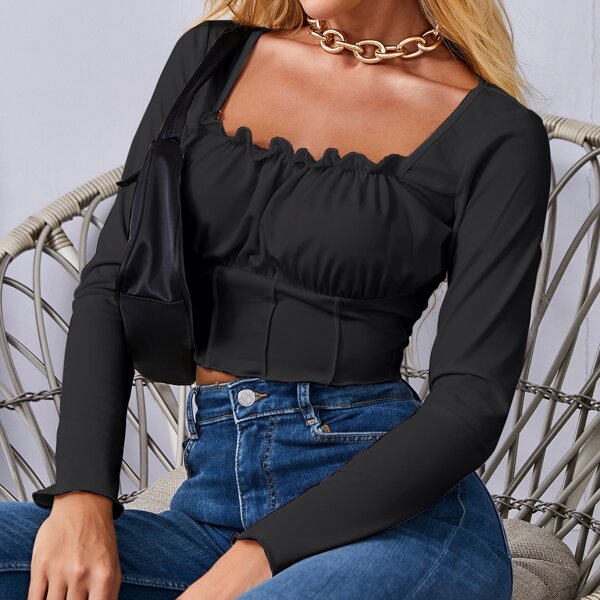 

Square Neck Frill Trim Slim Fit Tee, Black