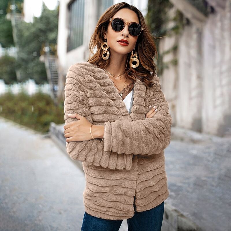 

Open Front Faux Fur Coat, Khaki