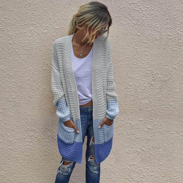 

Color Block Double Pocket Chunky Knit Cardigan, Multicolor