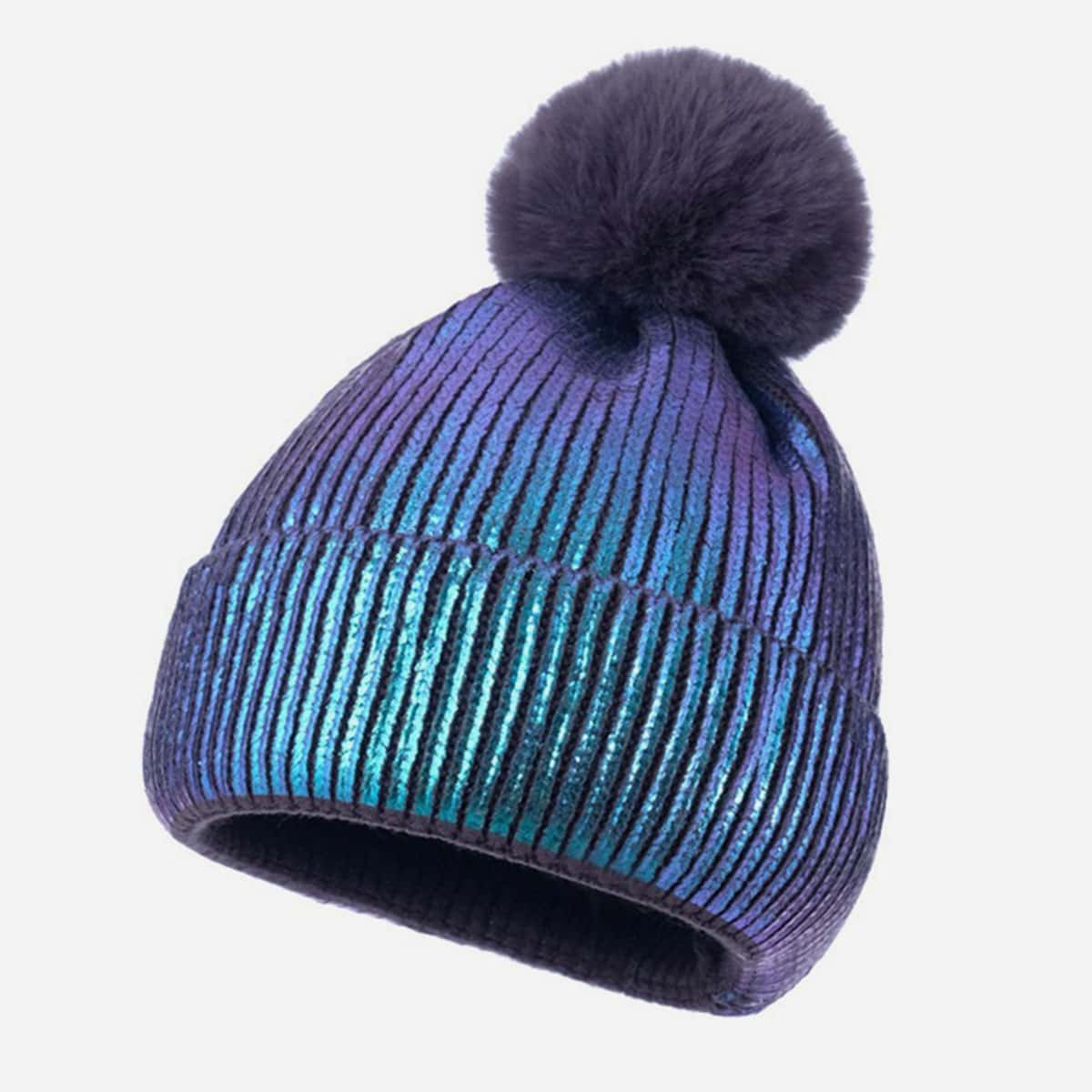 

Pom Pom Decor Bronzing Knit Beanie, Purple