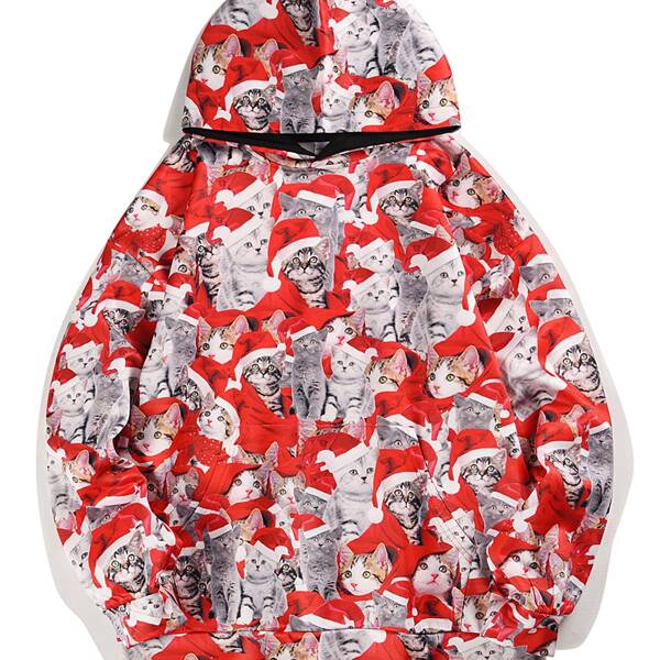 

Men Christmas Cat Print Hoodie, Multicolor