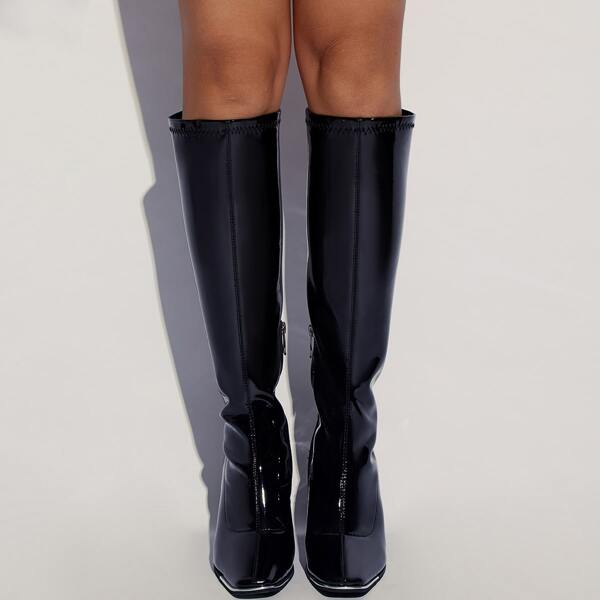 

Patent Leather Chunky Heeled Boots, Black