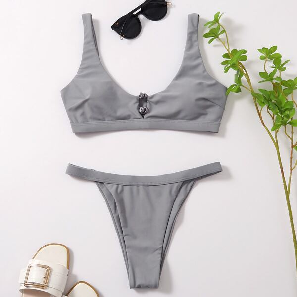 

Plain Thong Bikini Swimsuit, Grey