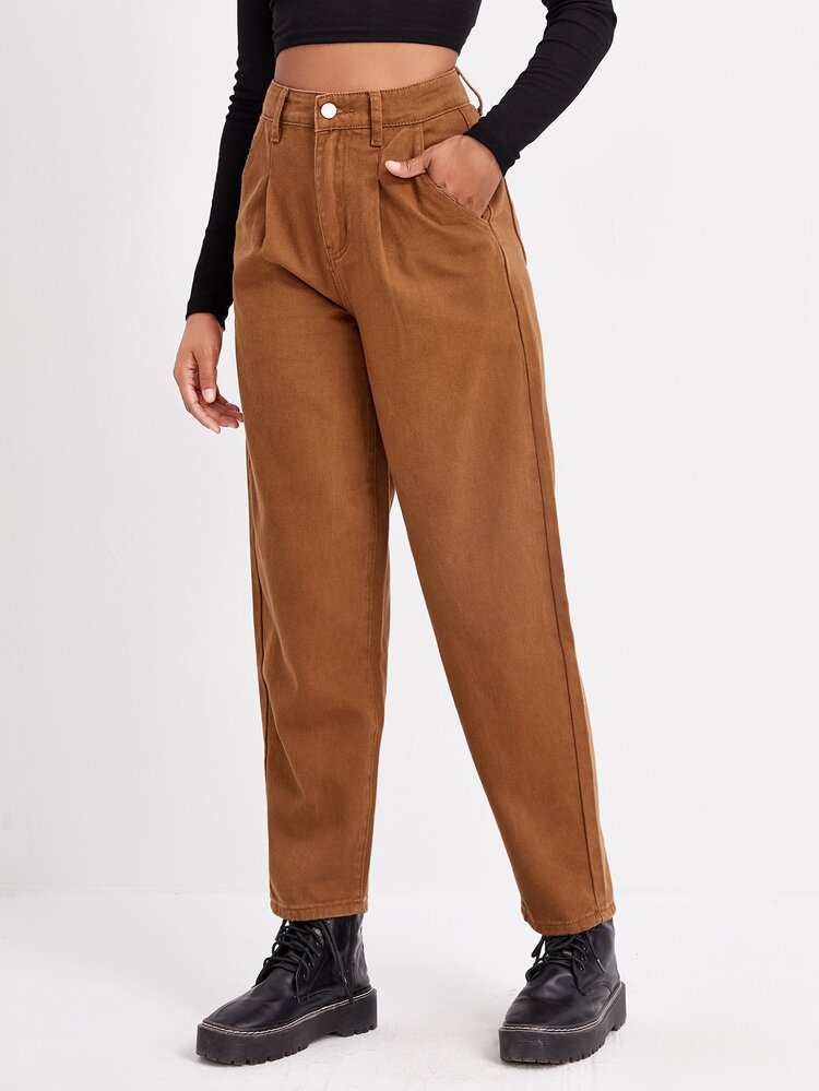 高腰折疊揉皺媽媽牛仔褲 - 棕色 - 查看 5