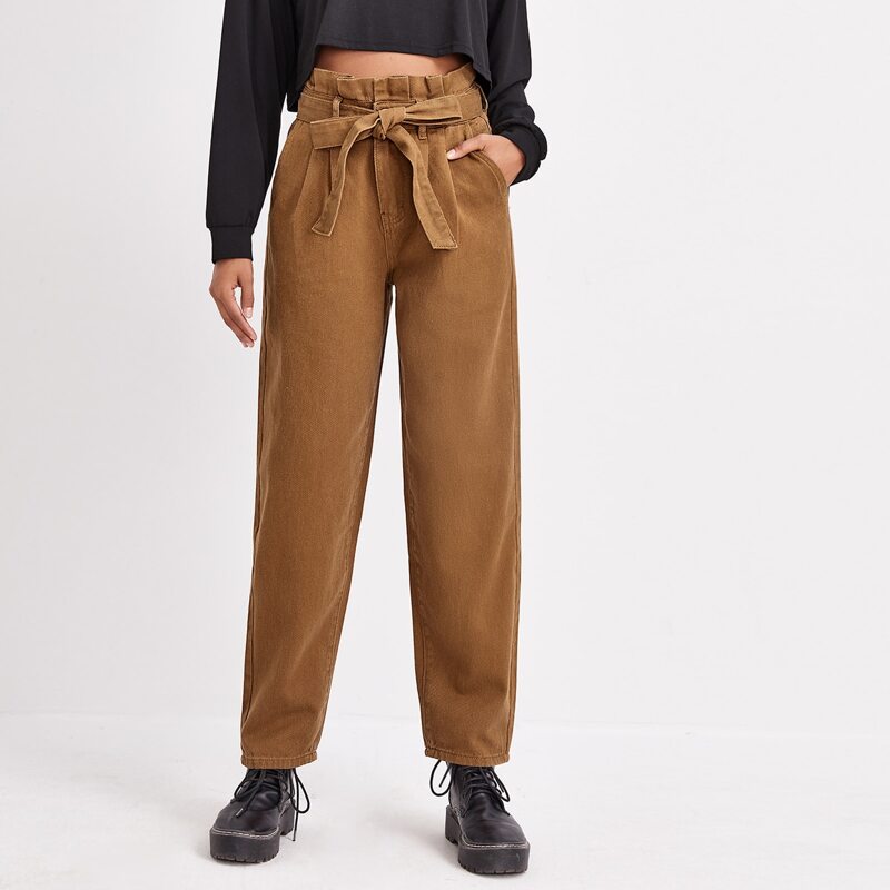 

Paperbag Waist Belted Mom Jeans, Brown