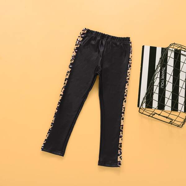 

Toddler Girl Leopard Panel PU Pants, Black