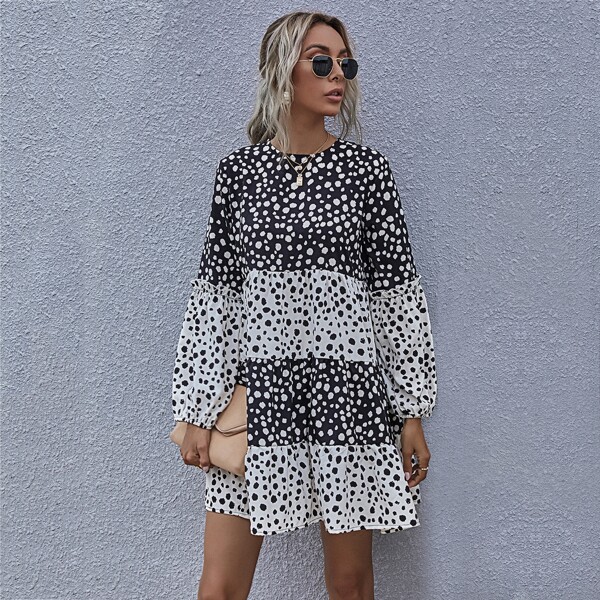 

All Over Print Colorblock Babydoll Dress, Black and white