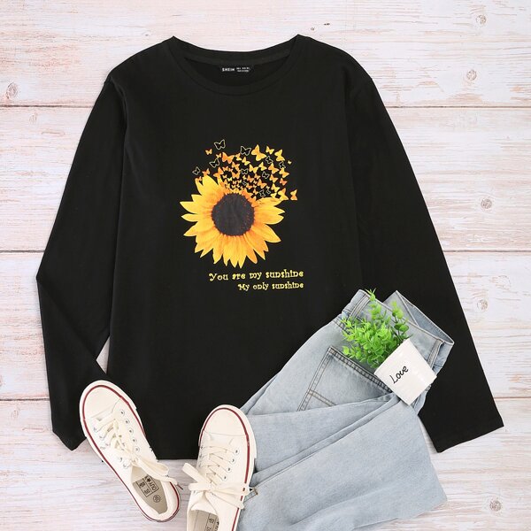 

Sunflower & Slogan Graphic Long Sleeve Tee, Black